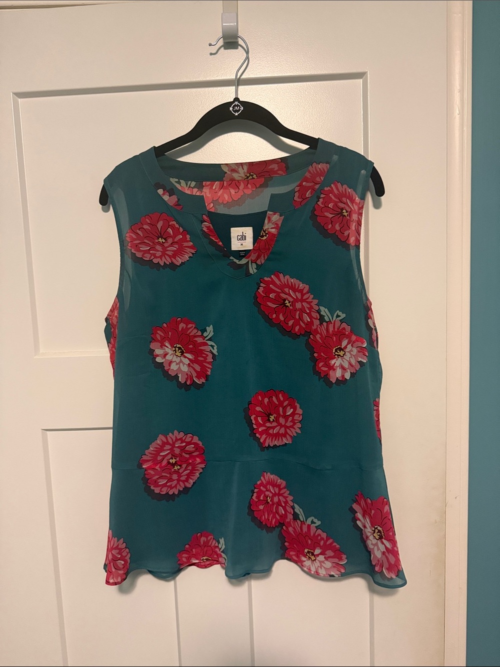 CAbi Teal Sleeveless Floral Peplum style Blouse with Pink Blooms